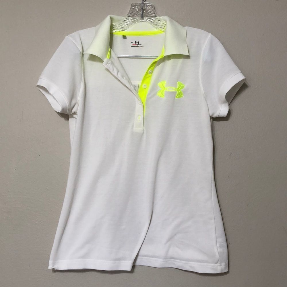 Under Armour Women’s M Medium White and Neon Green Heat Gear SPF 30 Fitted Polo